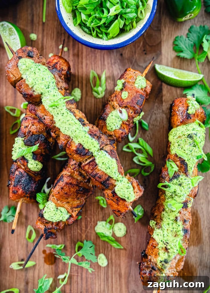 Peruvian-Style Chicken Breast Skewers with Aji Marinade 4 overhead photo of Peruvian chicken skewers