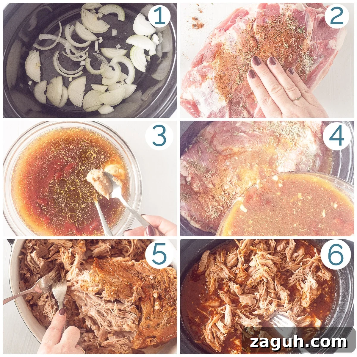 Slow Cooker Pulled Pork Buns Recipe for Tender, Juicy Sandwiches 4 6 photos showing the preparation of Pulled Pork from the Slow Cooker