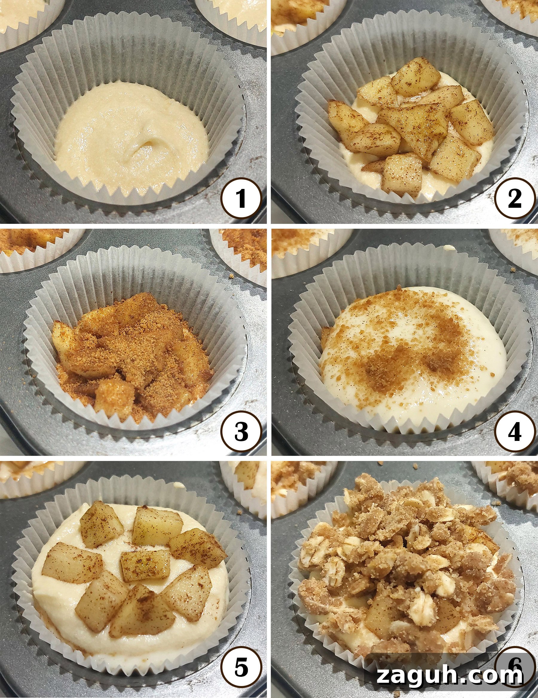 Apple Crisp Cheesecake Muffins with Cinnamon Streusel 8 Step-by-step process of making apple crisp cheesecake muffins: adding batter, cinnamon apples, brown sugar, cheesecake filling, more apples, and finally topping with oat streusel before baking.