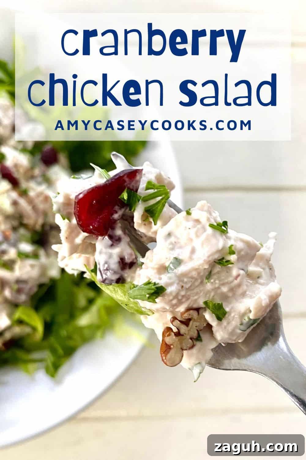 Cranberry Chicken Salad with Toasted Pecans Recipe 7 creamy cranberry chicken salad on a fork.