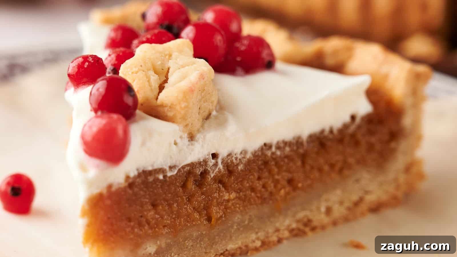 A slice of pumpkin pie on a plate with cranberries.