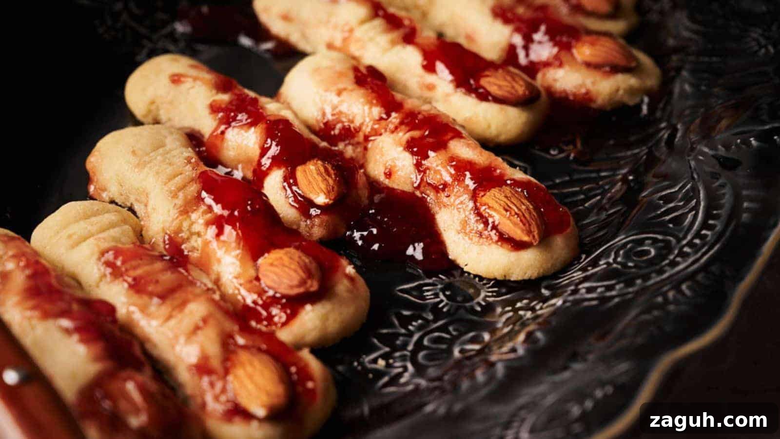 A plate of witch finger cookies with jam and jelly on it.