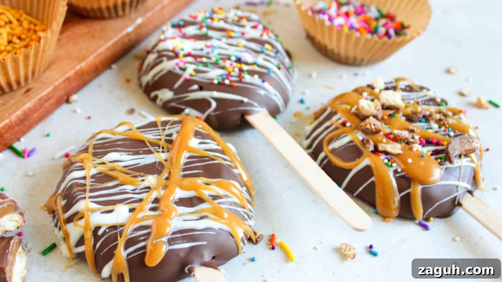 Chocolate-covered apple slices on sticks are decorated with various toppings, including caramel drizzle, sprinkles, and crushed cookies, with more sprinkles in the background.