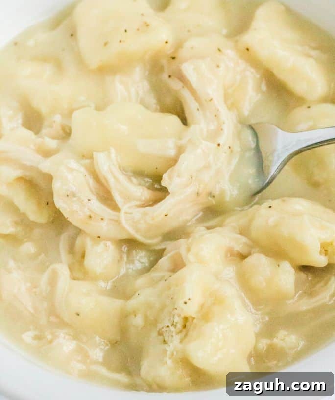 a fork lifts out a bite of Crock Pot chicken and dumplings from a white bowl.
