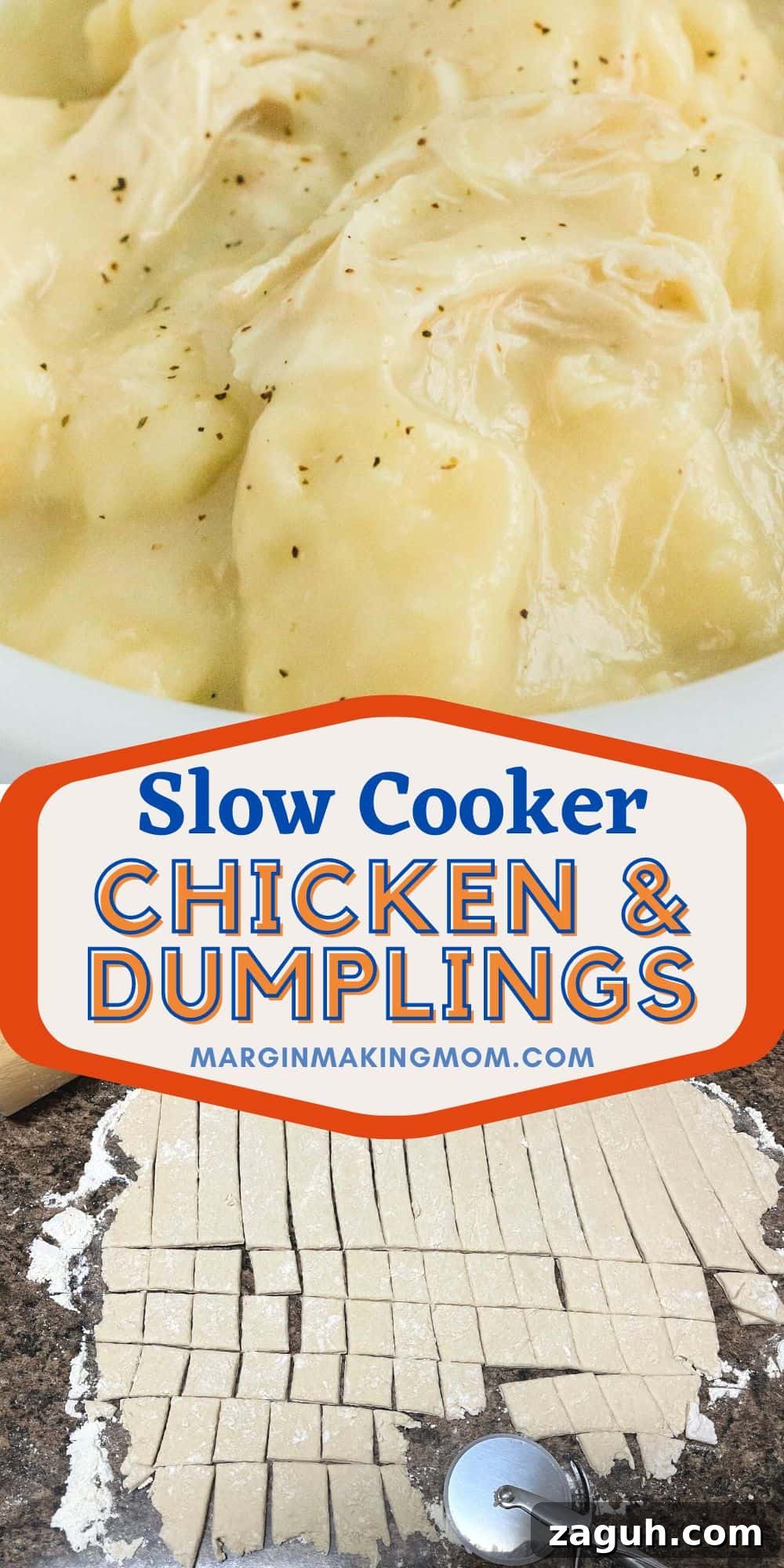 Slow-Cooker Chicken and Dumplings Recipe for Comforting Dinners 14 two photos; one shows a white bowl of Crock Pot chicken and dumplings, the other shows homemade dumplings dough rolled out and cut into squares with a pizza cutter.