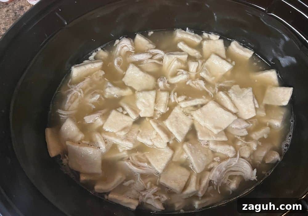 Slow-Cooker Chicken and Dumplings Recipe for Comforting Dinners 9 dumpling dough added to chicken and broth in the Crock Pot
