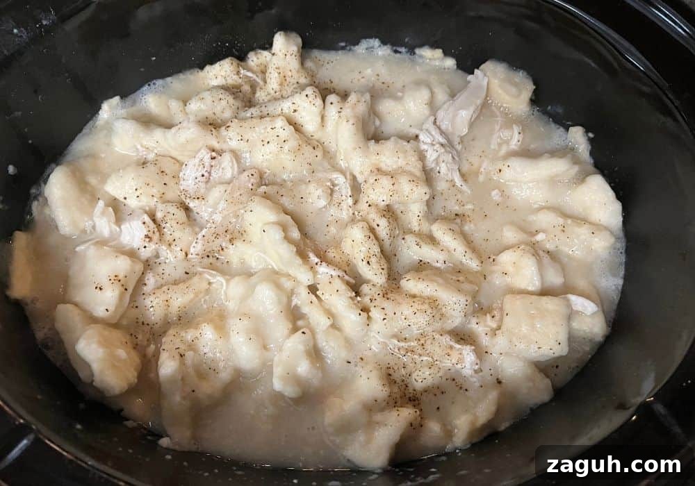 Slow-Cooker Chicken and Dumplings Recipe for Comforting Dinners 10 overhead view of a crock pot filled with homemade chicken and dumplings, sprinkled with black pepper
