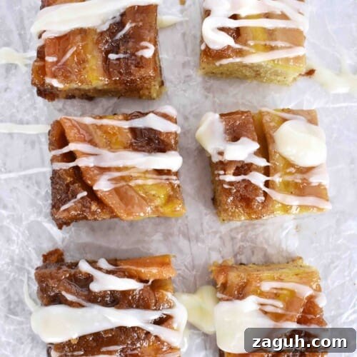 overhead shot of 6 slices of banana upside down cake with drizzle on it