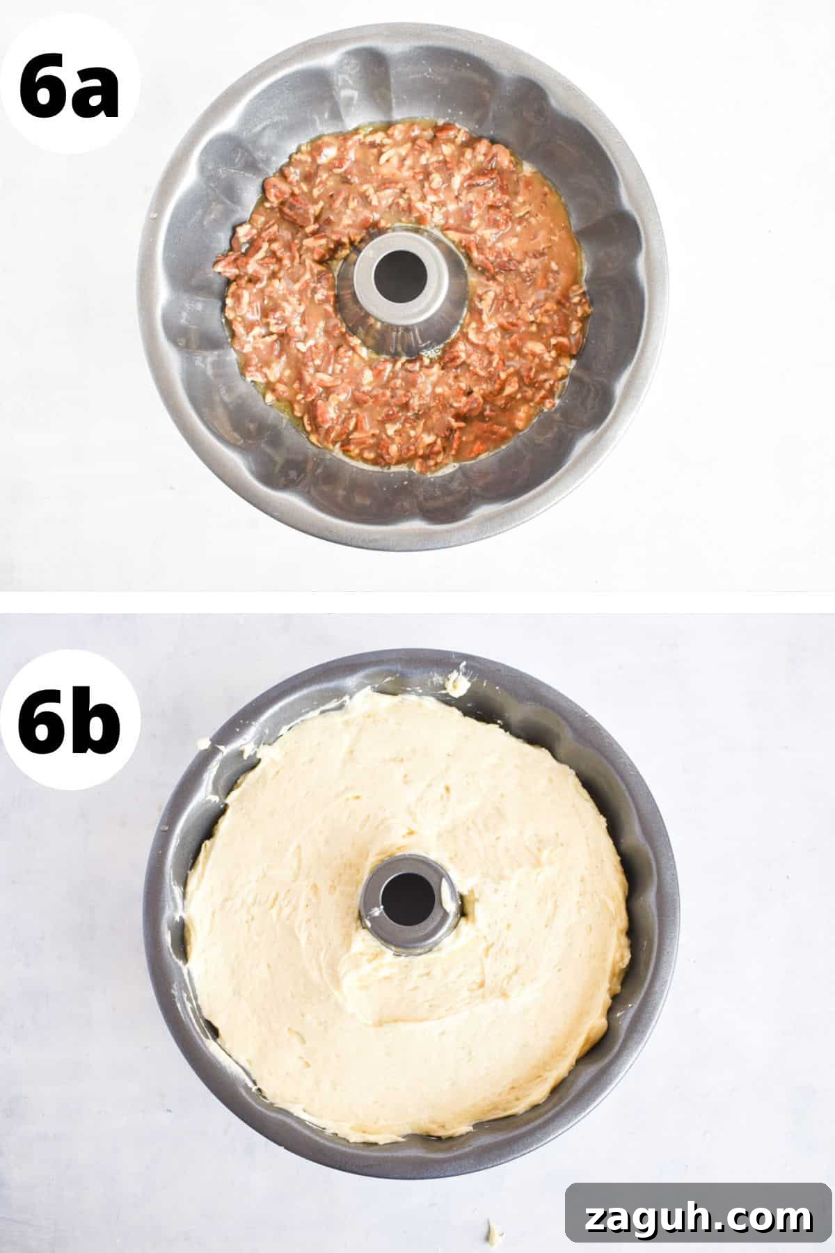 Sticky Pecan Upside-Down Cake Recipe for Moist, Caramelized Dessert 5 two images showing how to add caramel pecan topping and then cake batter to the bundt cake pan.