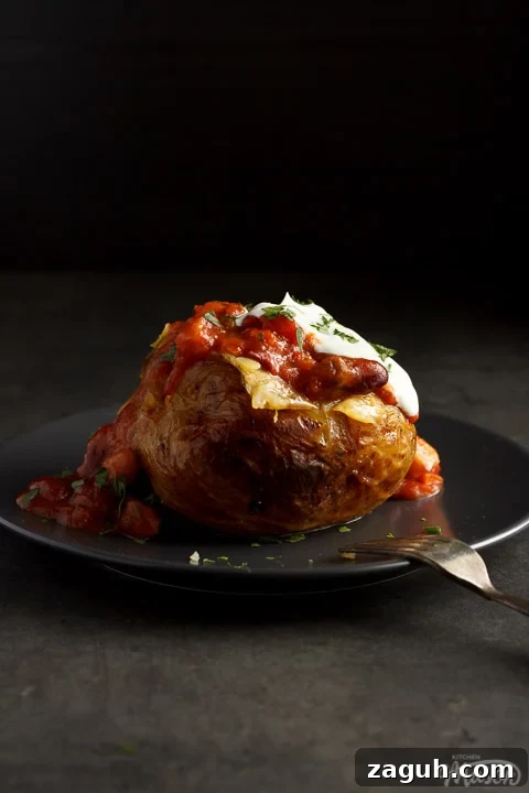 Slow Cooker Jacket Potatoes: Creamy Baked Potatoes Made Ahead 8 A slow cooker jacket potato on a grey plate topped with vegan chilli and vegan creme fraiche