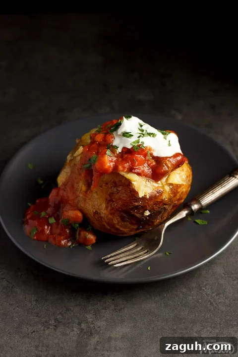 Slow Cooker Jacket Potatoes: Creamy Baked Potatoes Made Ahead 9 A slow cooker jacket potato on a grey plate topped with vegan chilli and vegan creme fraiche