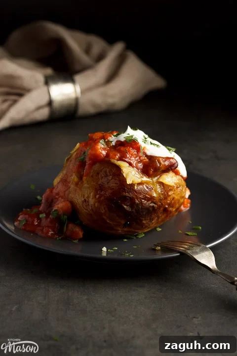 Slow Cooker Jacket Potatoes: Creamy Baked Potatoes Made Ahead 2 A slow cooker jacket potato on a grey plate topped with vegan chilli and vegan creme fraiche