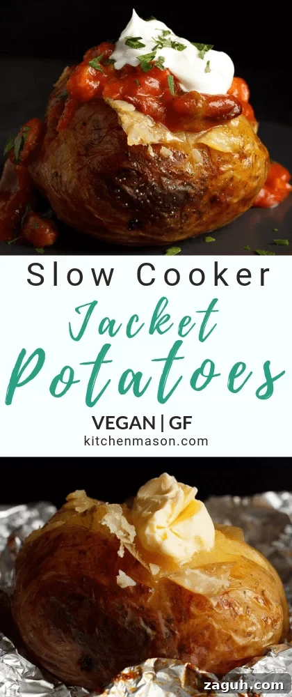 Slow Cooker Jacket Potatoes: Creamy Baked Potatoes Made Ahead 18 A slow cooker jacket potato on a grey plate topped with vegan chilli and vegan creme fraiche