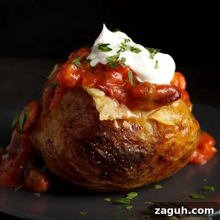 A slow cooker jacket potato on a grey plate topped with vegan chilli and vegan creme fraiche