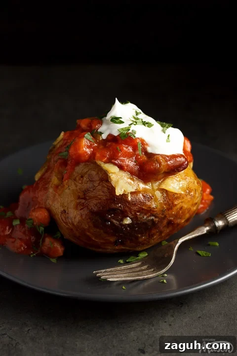 Slow Cooker Jacket Potatoes: Creamy Baked Potatoes Made Ahead 5 A slow cooker jacket potato on a grey plate topped with vegan chilli and vegan creme fraiche