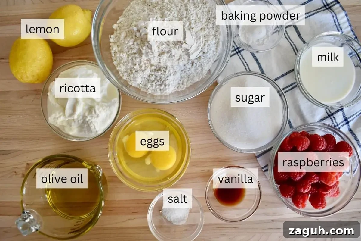 Lemon Raspberry Ricotta Loaf Cake Recipe 4 Ingredients including flour, eggs, ricotta, olive oil, and sugar.