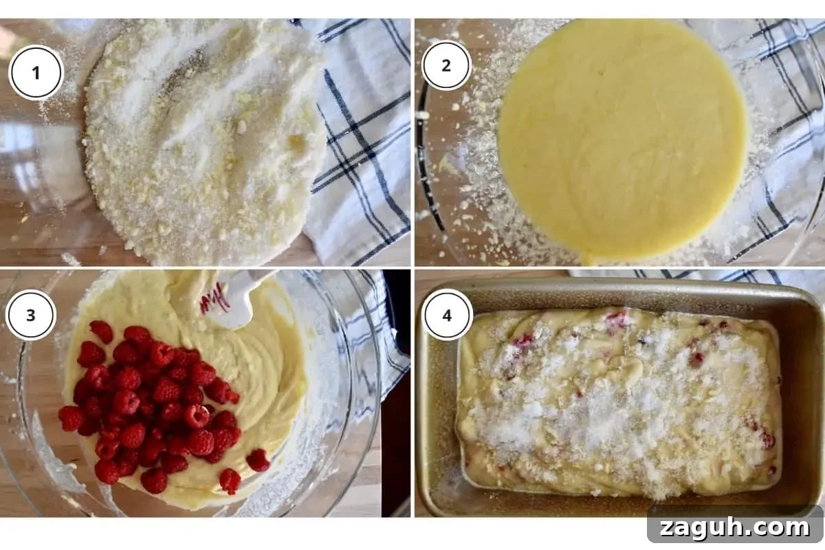 Lemon Raspberry Ricotta Loaf Cake Recipe 5 Process shots showing how to make recipe including the sugar with zest and cake batter.