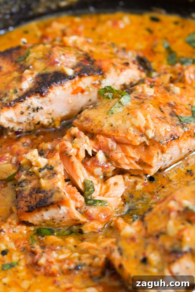 Marry Me Salmon Recipe: Creamy Garlic Butter Salmon You'll Love 5 closeup shot of a salmon fillet in marry me sauce.