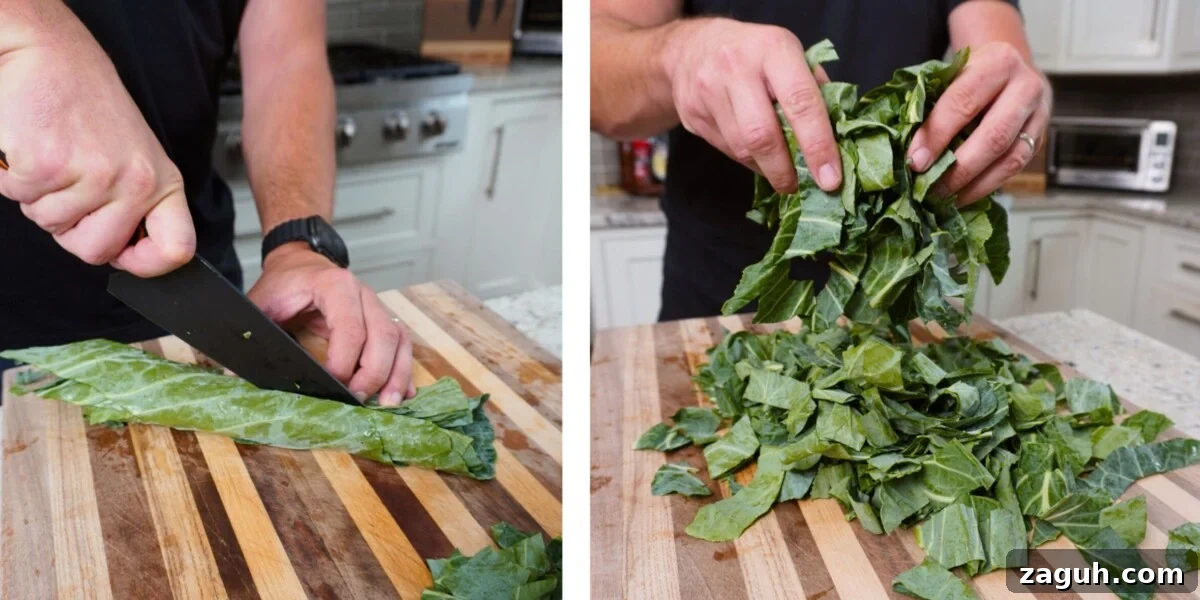 Savory Sausage and Slow-Simmered Collard Greens Recipe 4 slicing steps for collard greens.