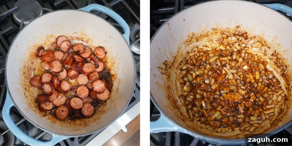 Savory Sausage and Slow-Simmered Collard Greens Recipe 7 seared sausage and sauteed onion and garlic in dutch oven.