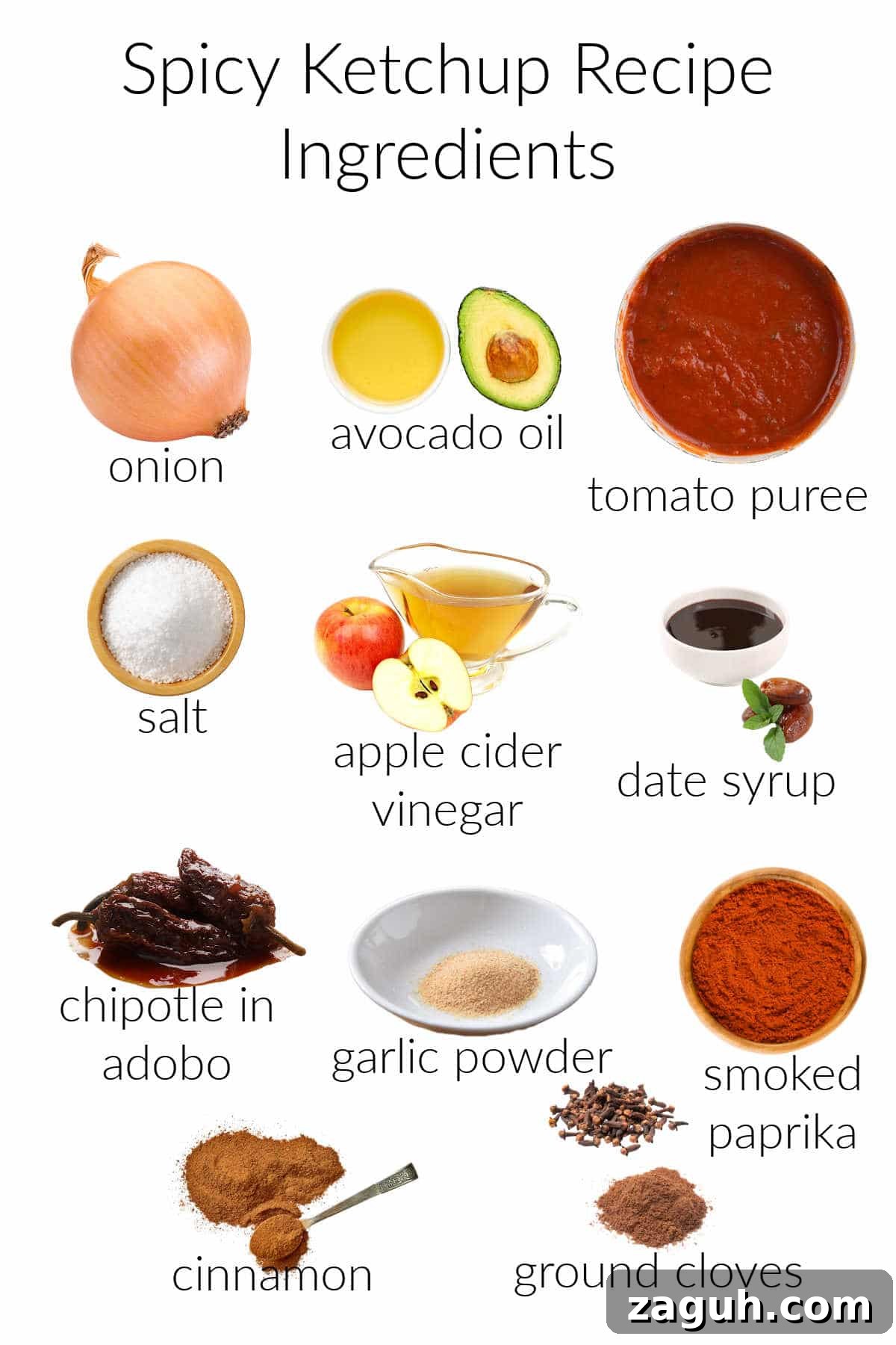 Collage of ingredients needed for making spicy whole 30 ketchup.