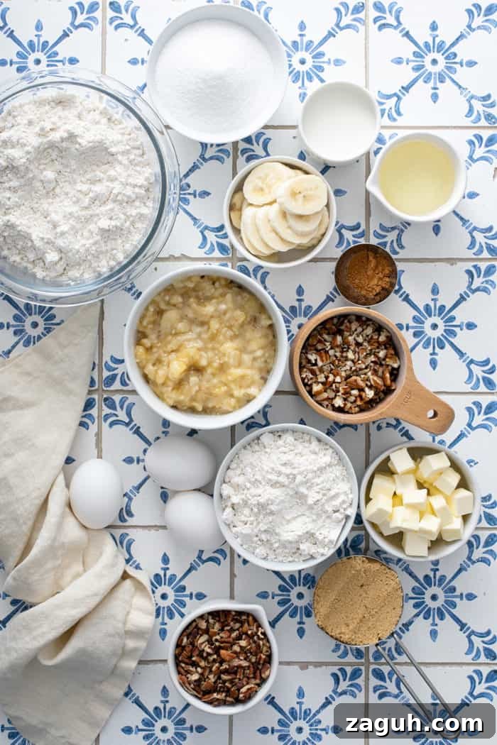 Make-Ahead Banana Coffee Cake Recipe for Perfect Morning Baking 3 Ingredients for make-ahead banana coffee cake arranged on a blue and white tiled counter