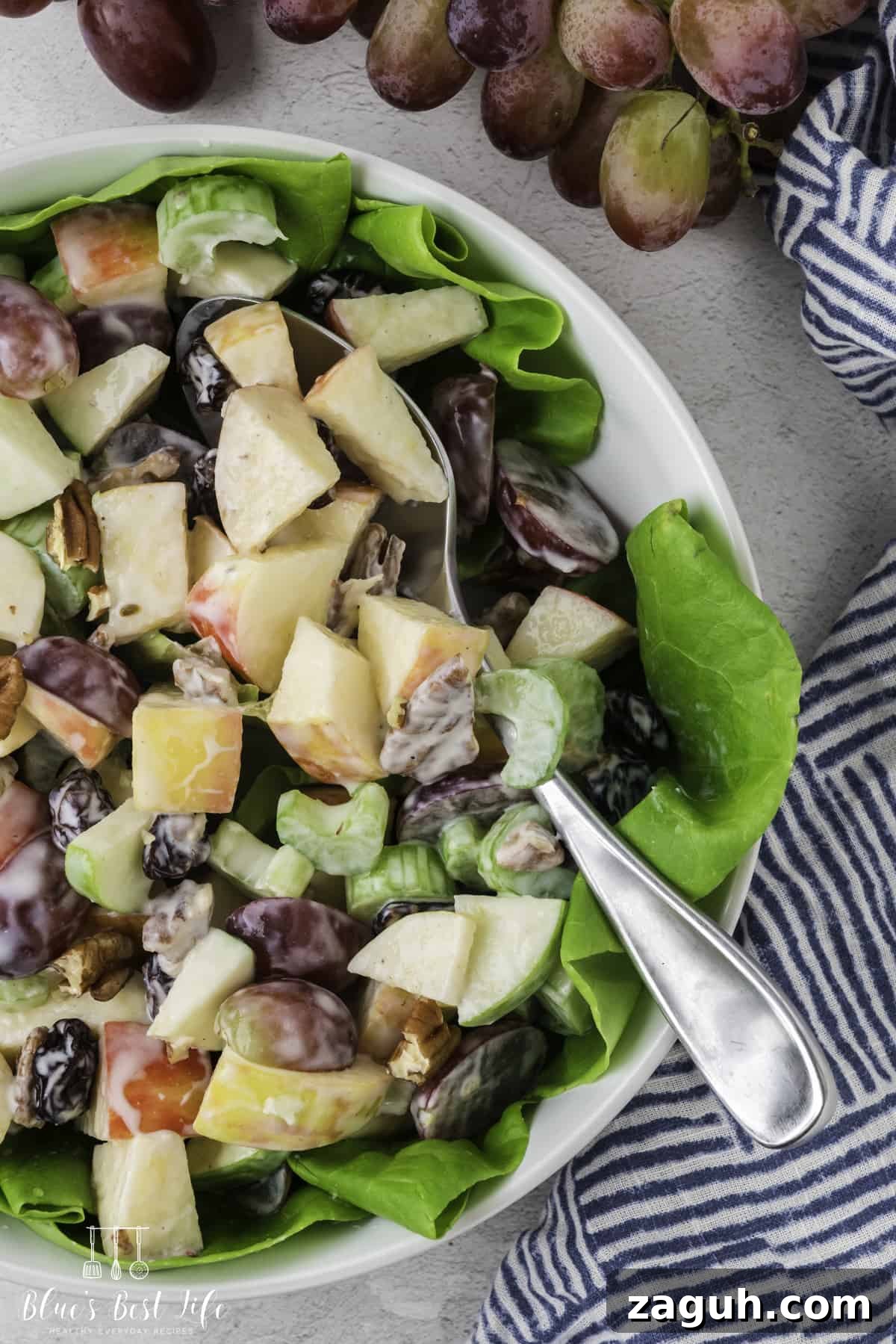Lightened Waldorf Salad with Creamy Greek Yogurt Dressing 11 A close-up shot of skinny Waldorf salad on a bed of lettuce in a bowl.