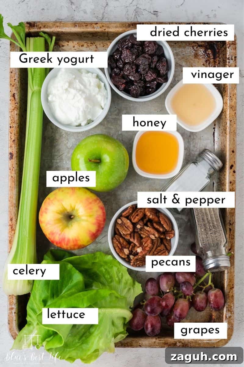 Lightened Waldorf Salad with Creamy Greek Yogurt Dressing 8 The ingredients to make a Waldorf salad: Greek yogurt. dried cherries, apples, honey, vinegar, pecans, celery, lettuce, grapes, salt & pepper.