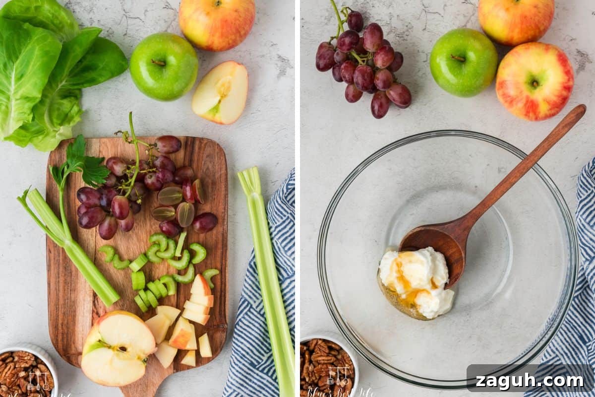 Lightened Waldorf Salad with Creamy Greek Yogurt Dressing 9 Photo collage. Left: Chopping the apples, celery and grapes on a wooden cutting board. Right: mixing together the dressing in a clear bowl using a wooden spoon.