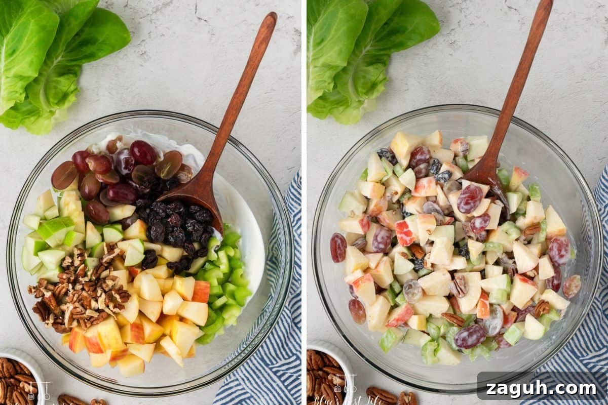 Lightened Waldorf Salad with Creamy Greek Yogurt Dressing 10 Photo collage. Left: Mixing the fruit and vegetables into the dressing. Right: completed result of the salad mixed with the dressing.