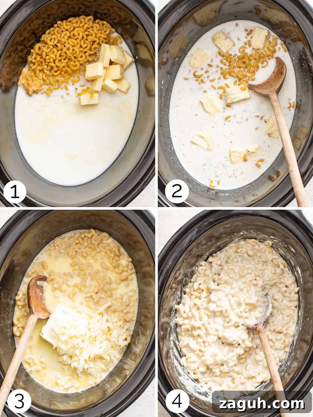 Creamy Slow Cooker Mac and Cheese with Cream Cheese 4 Process photos showing adding the ingredients to a slow cooker, stirring in the milk, then cooking and stirring in the cheesy till creamy.