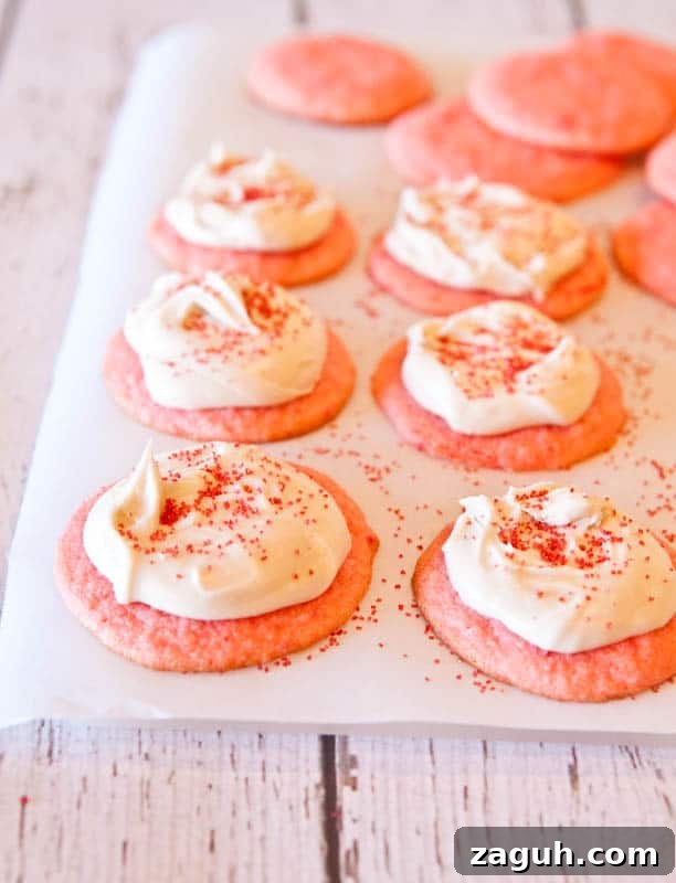 strawberrycookies-19 Strawberry Cake Mix Cookies with Cream Cheese Frosting