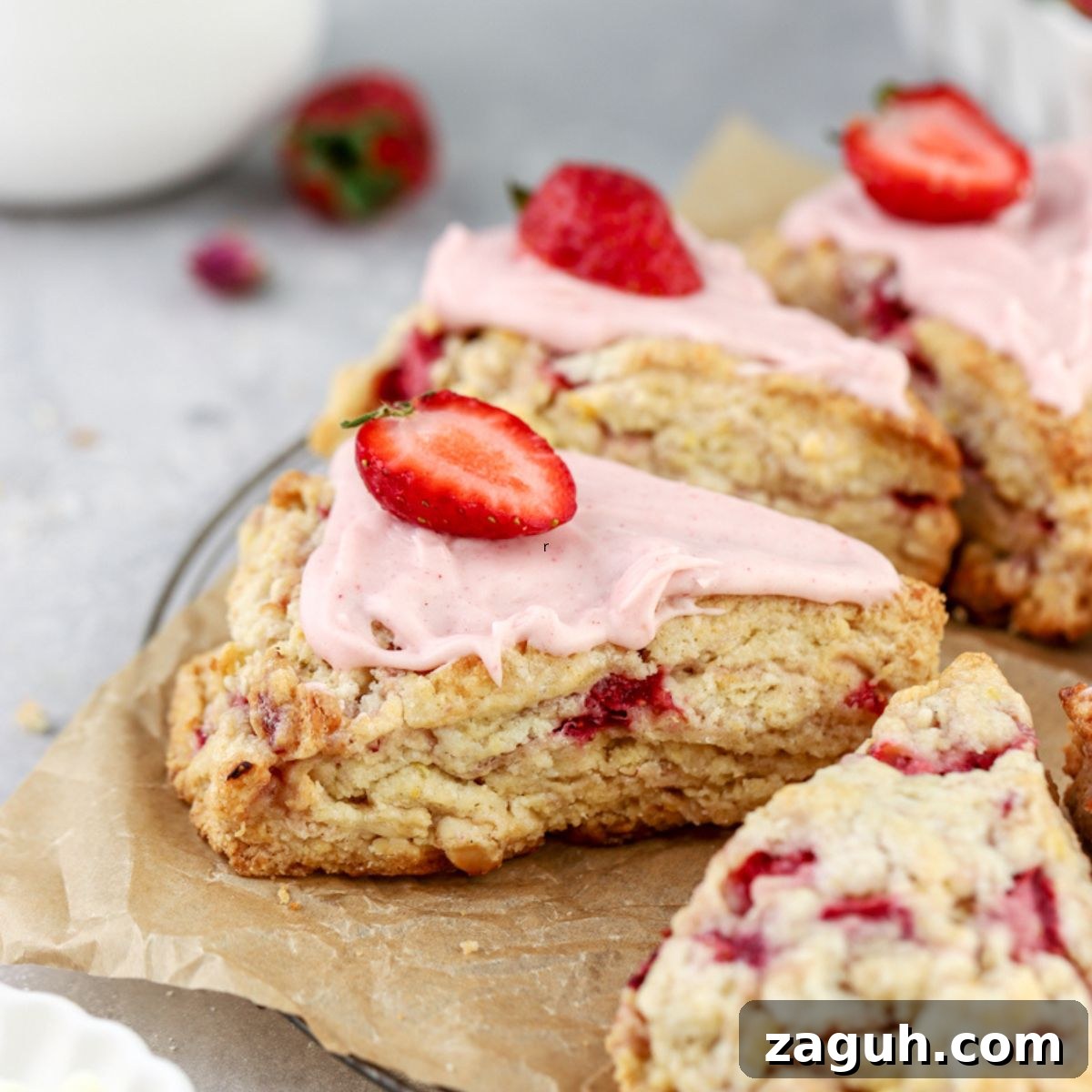 Flaky Strawberry Scones with Glaze — Homemade Recipe 2 Strawberry scones on a plate