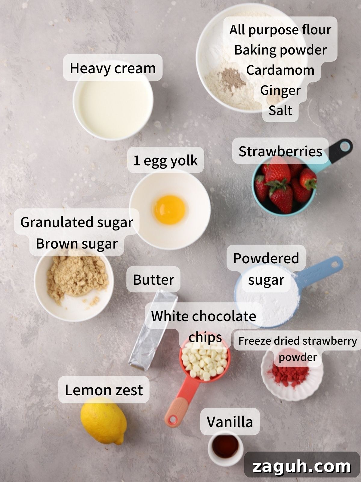 Flaky Strawberry Scones with Glaze — Homemade Recipe 3 Labeled ingredients needed to make strawberry scones.