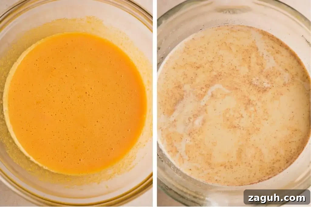 What is creme brulee Side-by-side images showing the pumpkin egg mixture and the spiced cream mixture in glass bowls.
