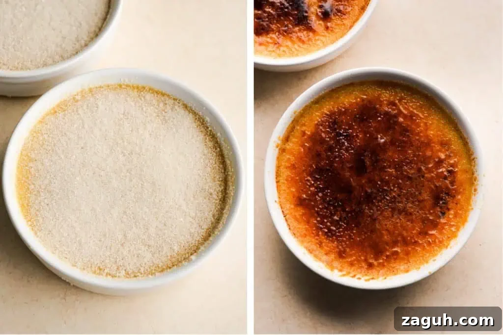 pumpkin brulee Two images of pumpkin creme brulee, one with a layer of sugar before caramelizing and the other with a torched, caramelized sugar crust.