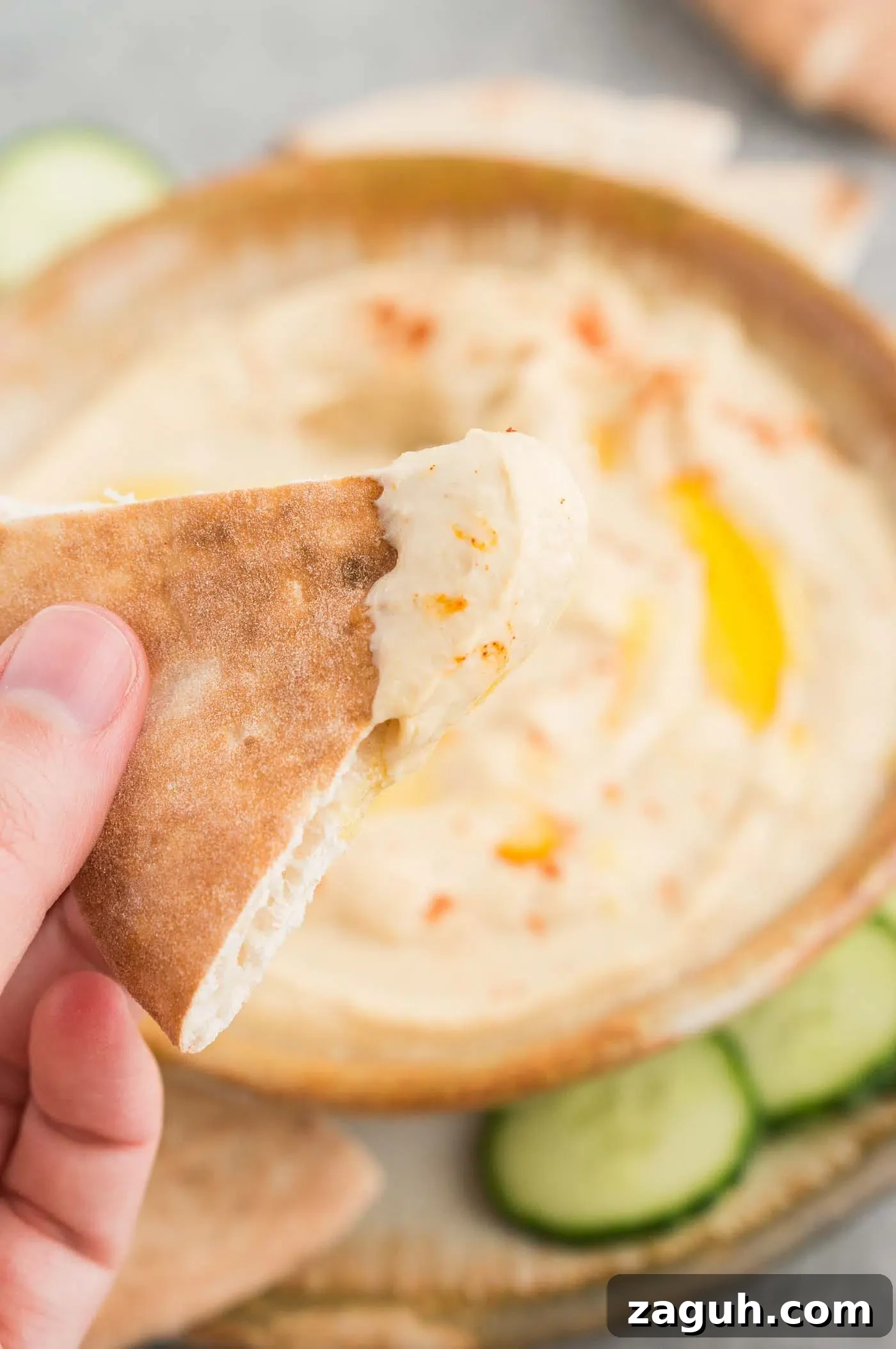 Creamy Homemade Hummus Recipe: Simple Chickpea Dip Tutorial 7 close up image of hummus in a bowl and slice of pita