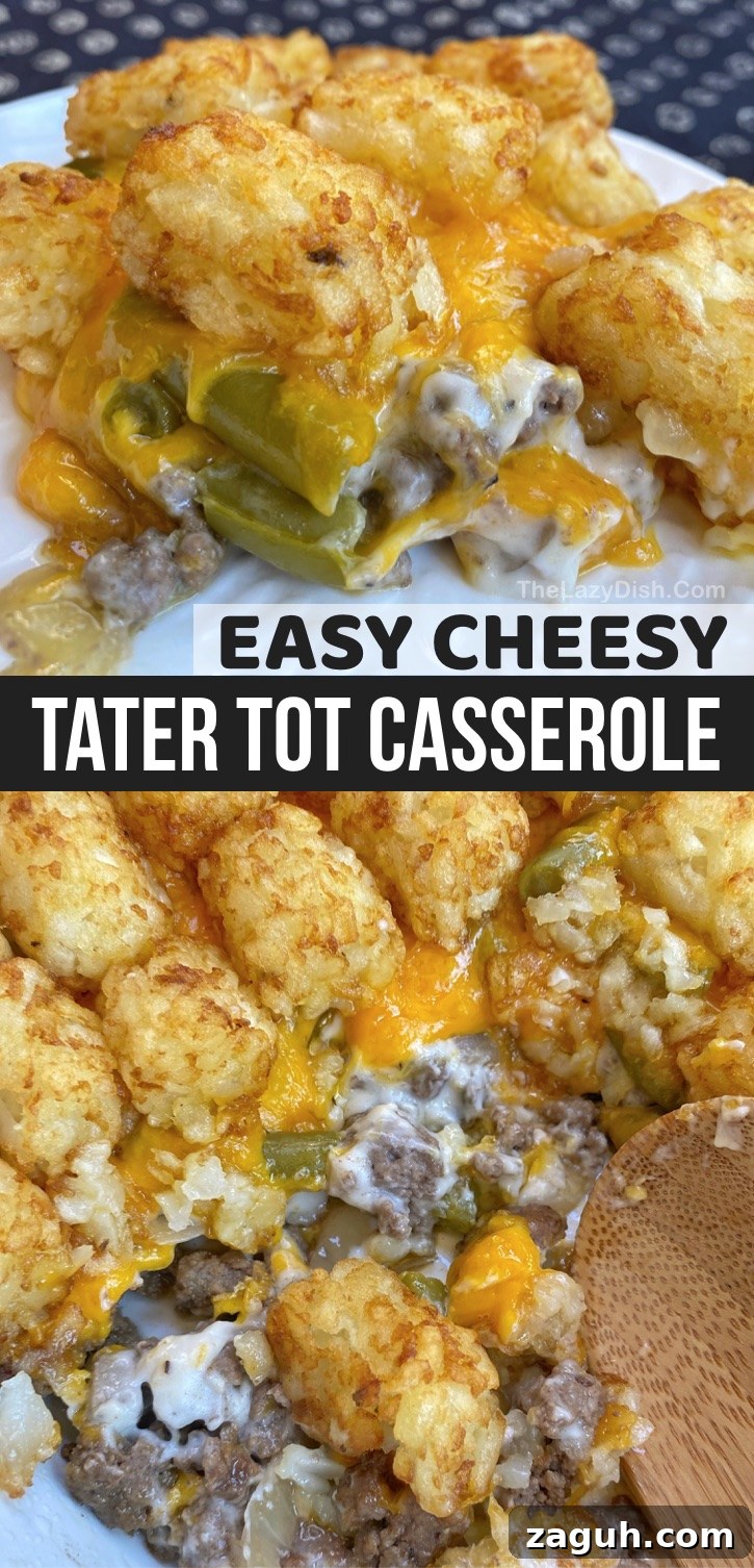 Cheesy Tater Tot Casserole Recipe with Crispy Golden Topping 8 Looking for delicious family dinner recipes? This cheesy tater tot casserole is made with simple and cheap ingredients including ground beef, cheese and cream of mushroom soup. It's sooo yummy! Some serious comfort food, and feeds a large family of 6-8 people. You're going to love this budget friendly ground beef casserole. Even your kids and picky eaters will cobble it up. Yum! How can you go wrong with beef, potatoes and cheese? #thelazydish #familymeals #casseroles #groundbeef
