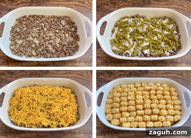 Cheesy Tater Tot Casserole Recipe with Crispy Golden Topping 3 How to make a tater tot casserole with ground beef, cream of mushroom soup and green beans. Easy family dinner recipe!