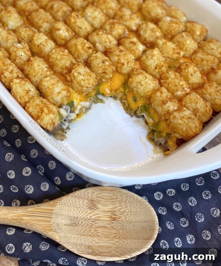 Cheesy Tater Tot Casserole Recipe with Crispy Golden Topping 4 Quick & Easy Cheesy Tater Tot Casserole (made with ground beef, cream of mushroom soup, green beans)