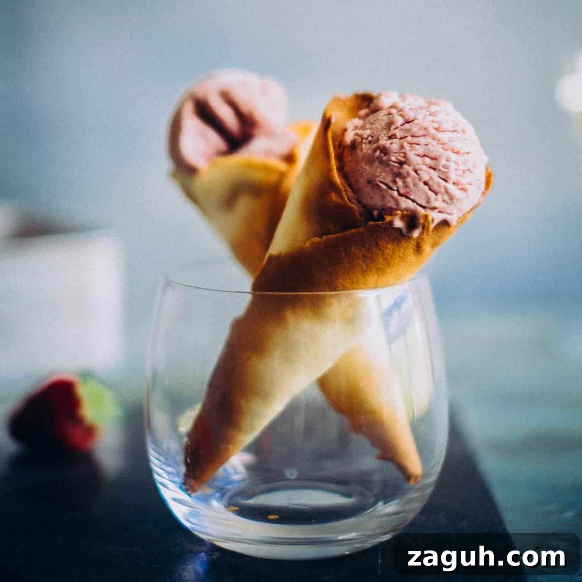 two ice cream cones filled with strawberry ice cream presented in a glass.