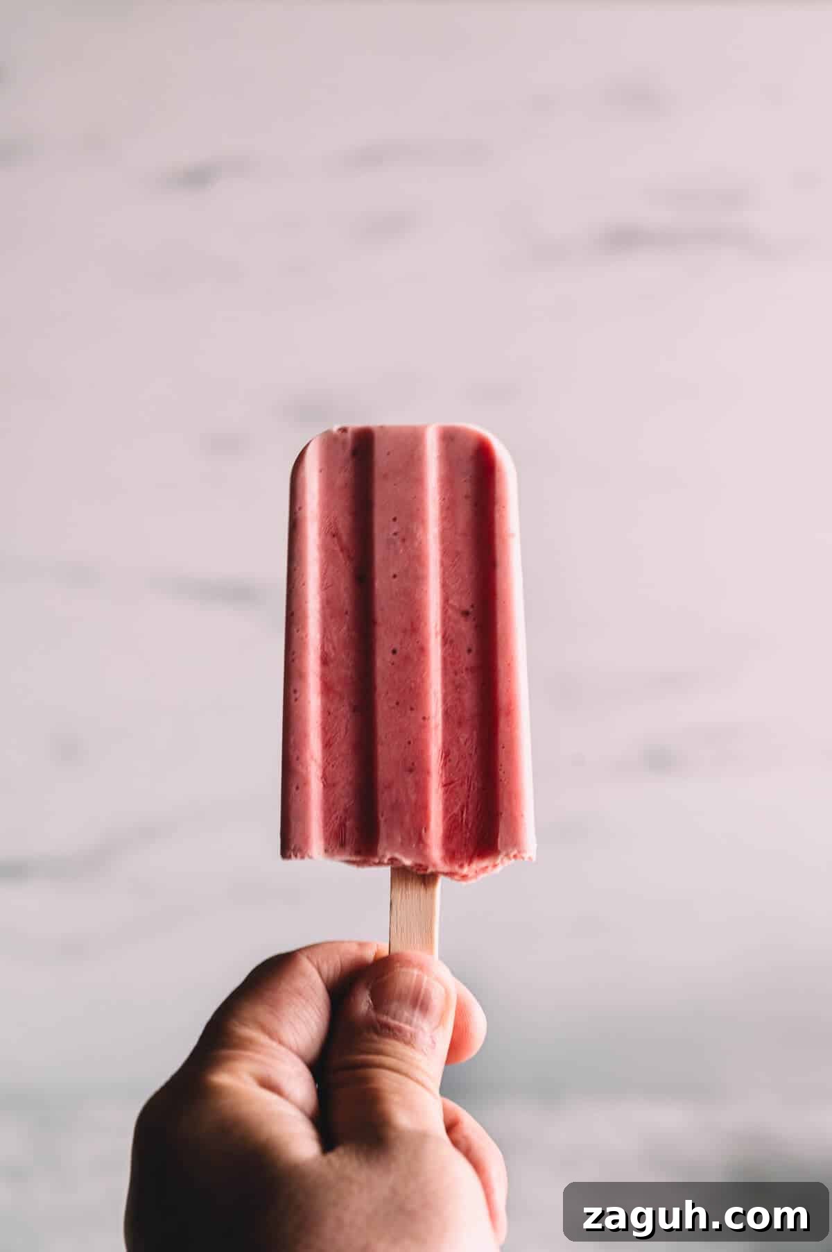 Strawberry Greek Yogurt Popsicles Recipe — Creamy Frozen Treats 10 a hand holding a strawberry popsicle.