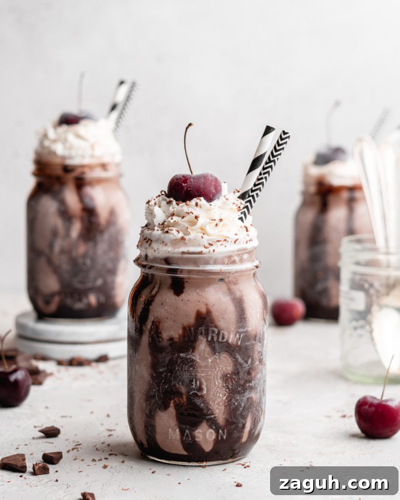 Black Forest Chocolate Cherry Milkshake Recipe 2 This creamy black forest milkshake features rich chocolate ice cream, sweet flavorful cherry jam, and a nice helping of whipped cream on top!