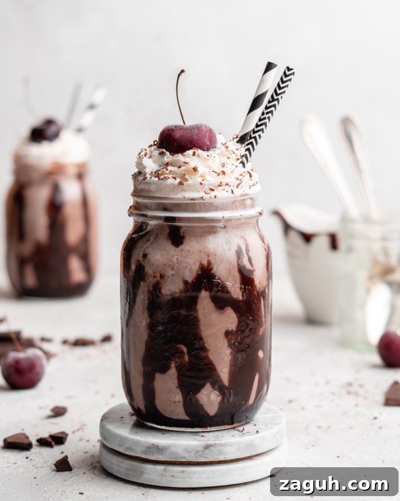 Black Forest Chocolate Cherry Milkshake Recipe 3 This creamy black forest milkshake features rich chocolate ice cream, sweet flavorful cherry jam, and a nice helping of whipped cream on top!
