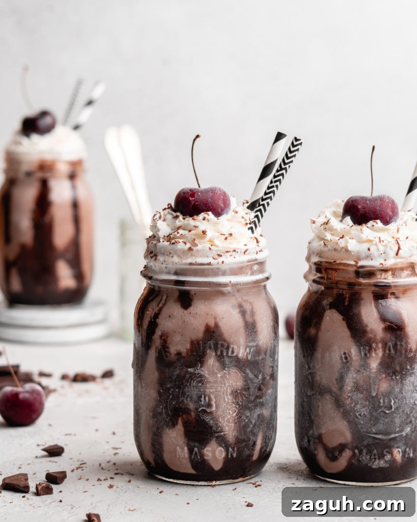 Black Forest Chocolate Cherry Milkshake Recipe 5 This creamy black forest milkshake features rich chocolate ice cream, sweet flavorful cherry jam, and a nice helping of whipped cream on top!
