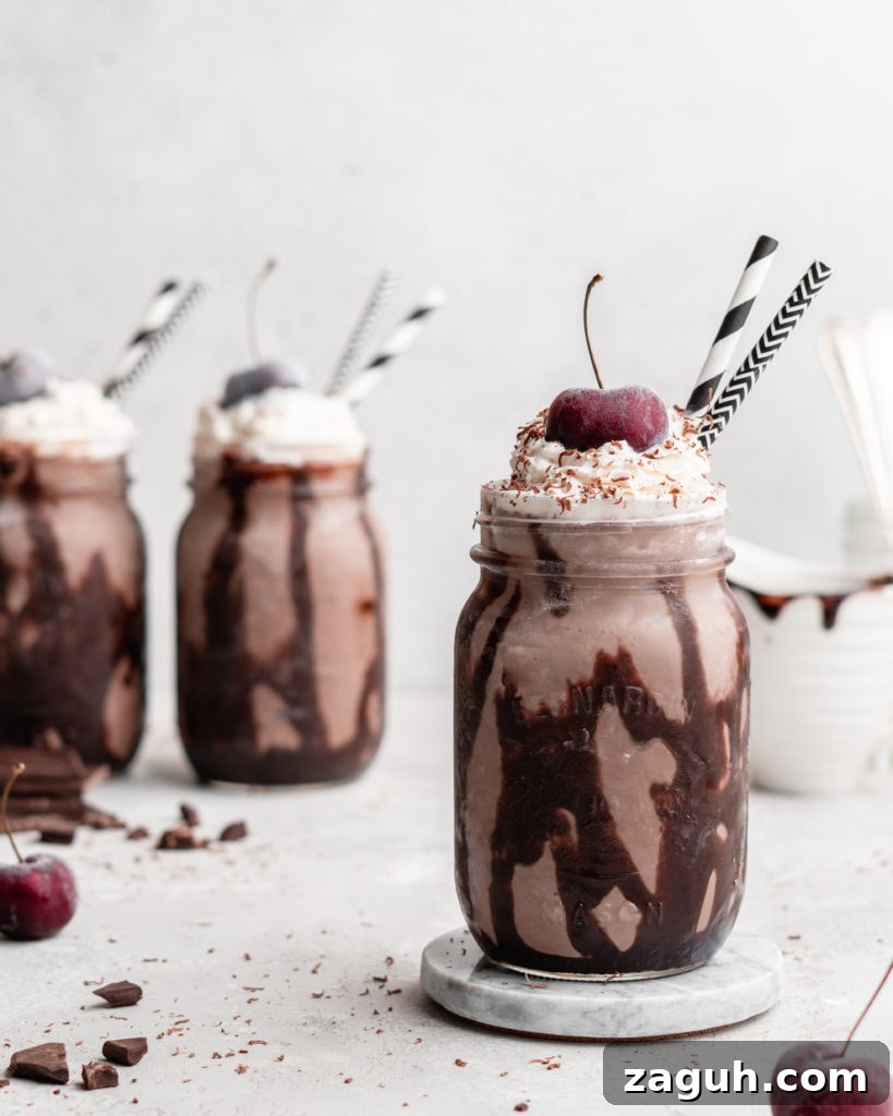 Black Forest Chocolate Cherry Milkshake Recipe 6 This creamy black forest milkshake features rich chocolate ice cream, sweet flavorful cherry jam, and a nice helping of whipped cream on top!