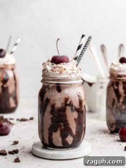 Black Forest Chocolate Cherry Milkshake Recipe 7 This creamy black forest milkshake features rich chocolate ice cream, sweet flavorful cherry jam, and a nice helping of whipped cream on top!