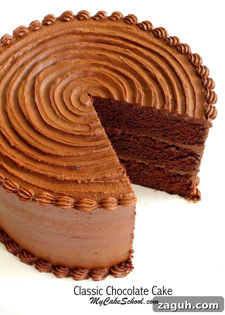 This moist and decadent Classic Chocolate Cake Recipe from scratch is the BEST! MyCakeSchool.com. Online Cake Tutorials and Recipes! The BEST Classic Chocolate Cake Recipe from Scratch! MyCakeSchool.com. So decadent, moist, and delicious!