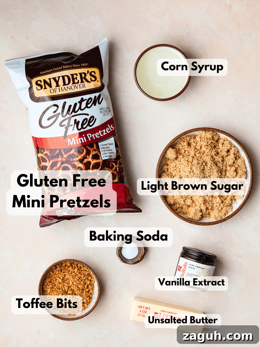 Gluten-Free Butter Toffee Pretzels Recipe: Crunchy Sweet Snack 3 a collage of ingredients needed to make gluten free toffee pretzels