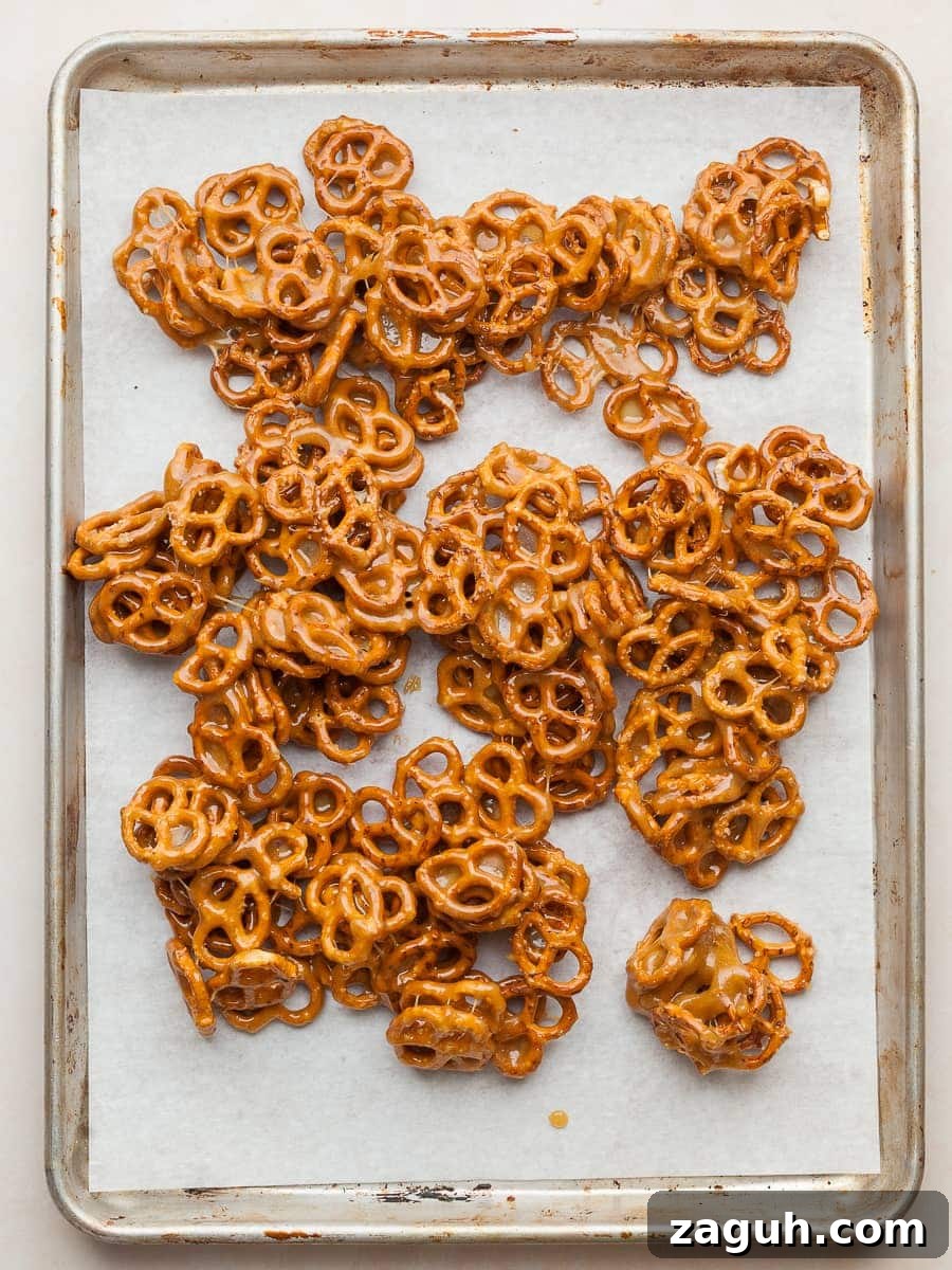 Gluten-Free Butter Toffee Pretzels Recipe: Crunchy Sweet Snack 10 homemade butter toffee pretzels on a sheet tray